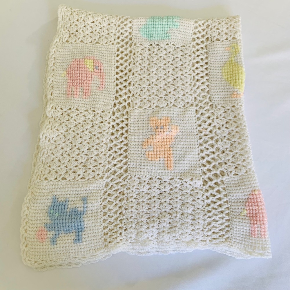 Handmade Crochet Baby‎ Blanket Cream Colorful Pastel Animals Shower Gift Nursery